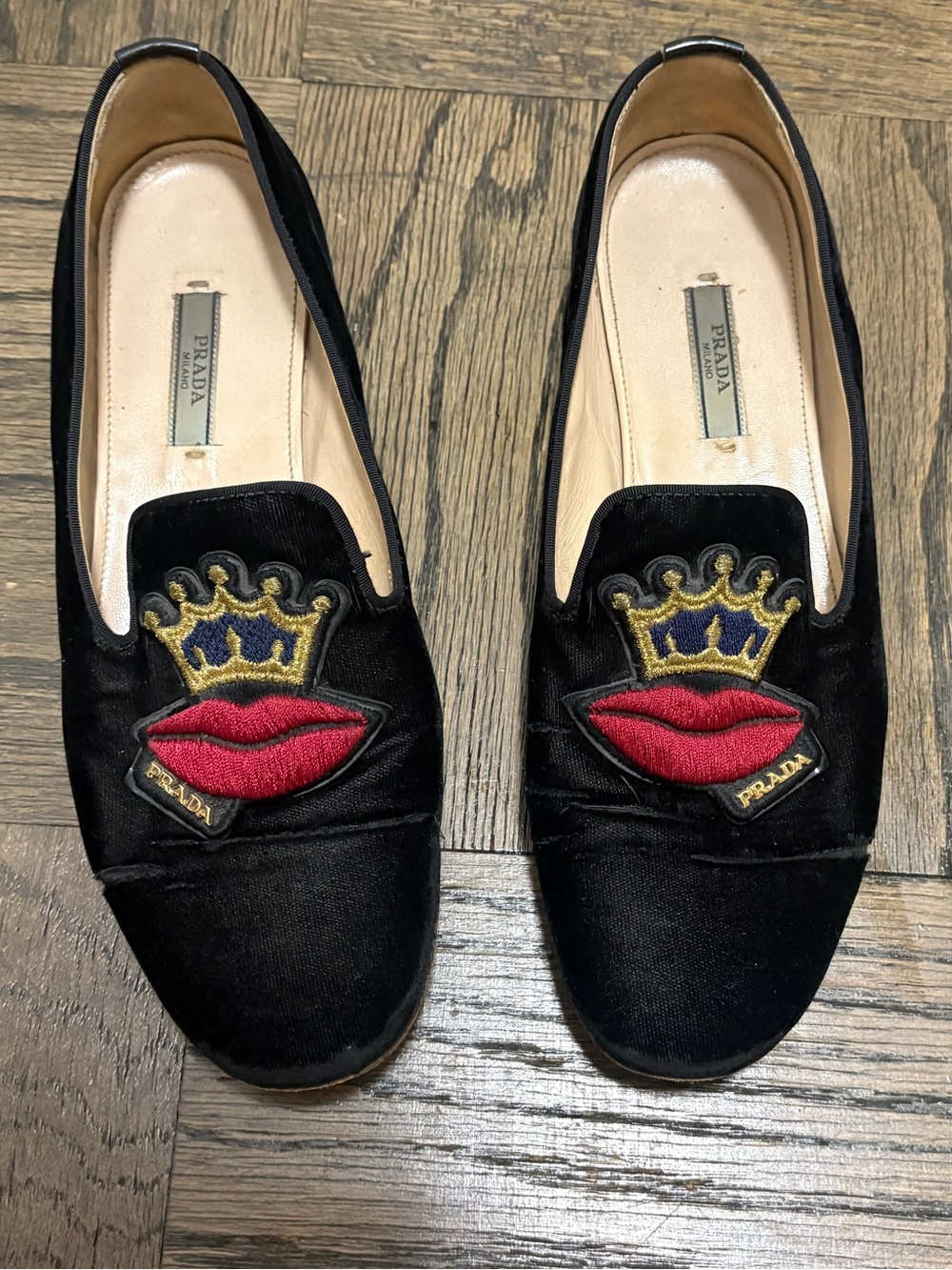 Prada Black Velvet Loafers with Red Embroidered Lips and Gold Crown